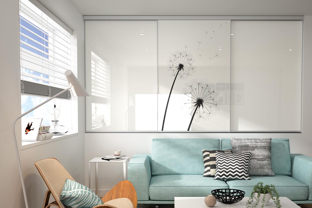 Salon scandinave porte de placard coulissante panormaique avec impression sogal colors pissenlit