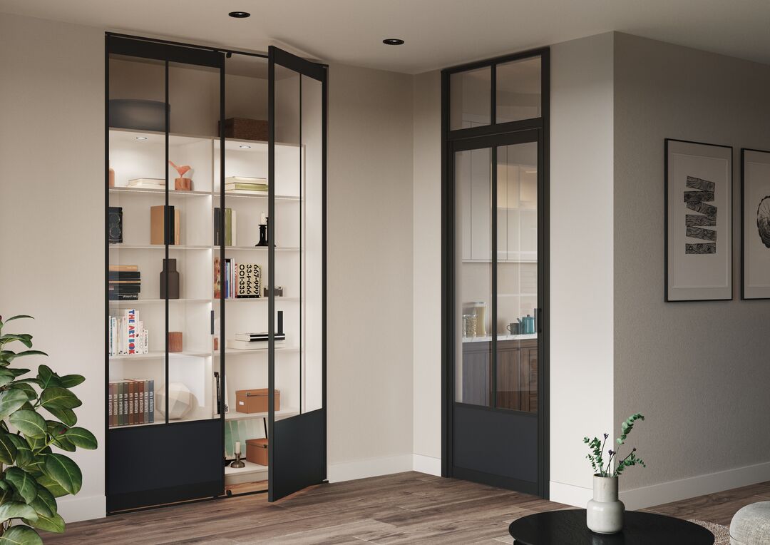 Salon - Sogal Portes de placard pivotantes ouverte et bloc-porte Atelier